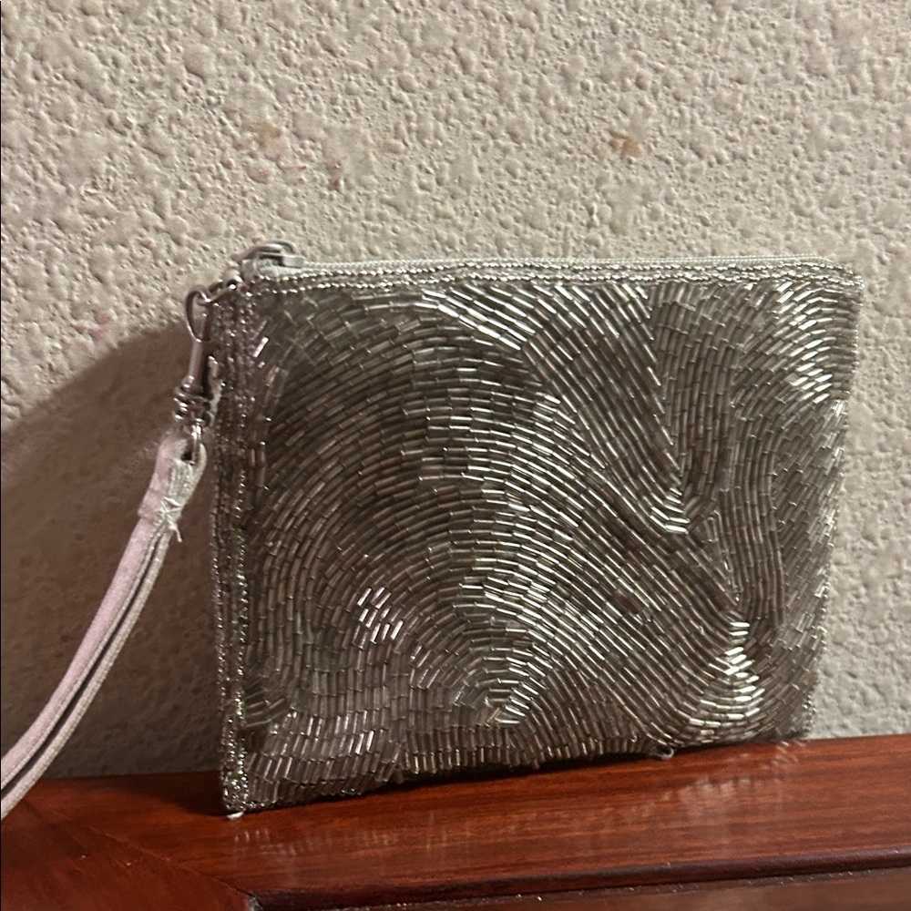 Silver Beaded Wristlet Clutch with Detachable Strap